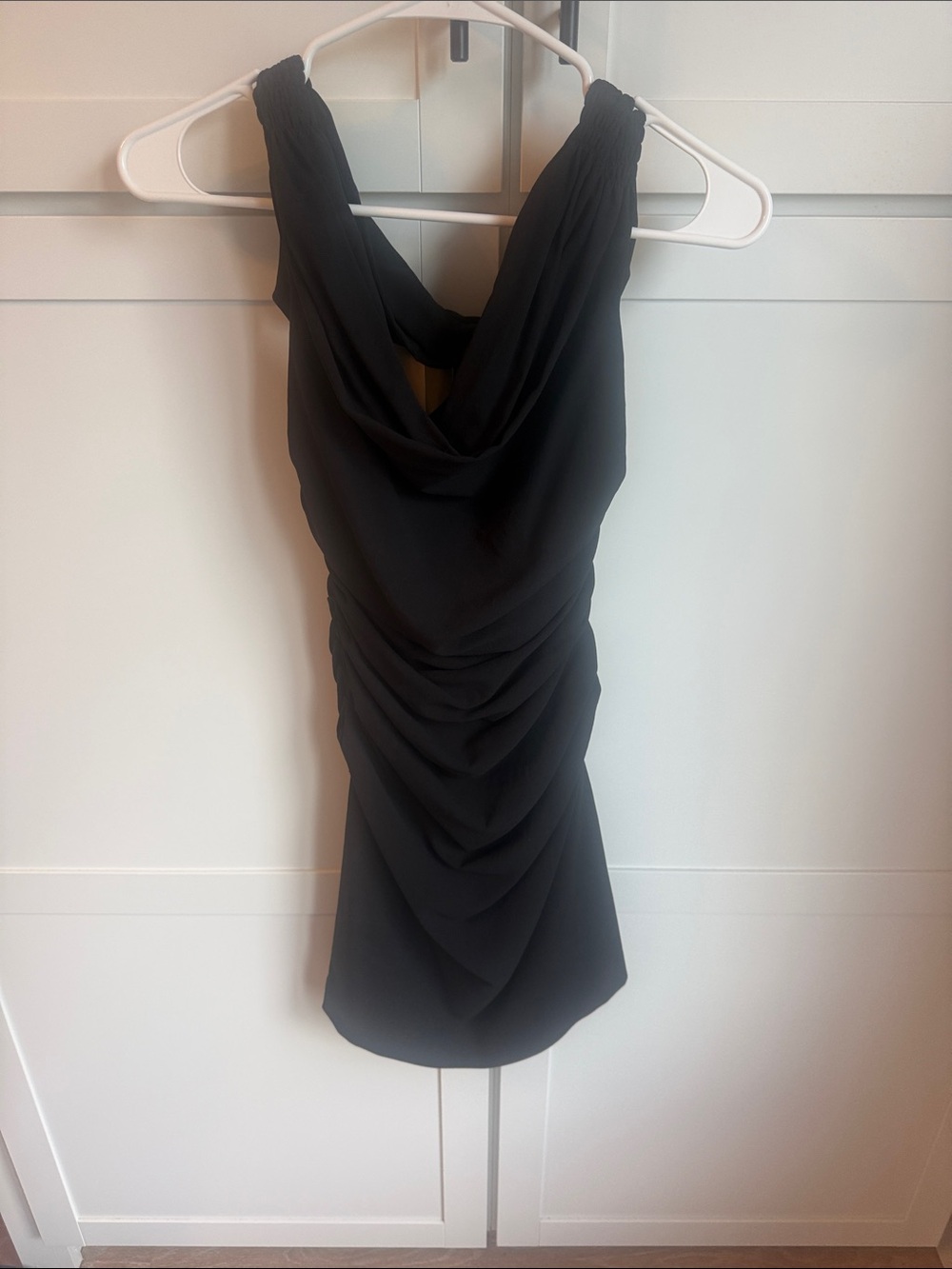 Black Draped Sleeveless Cocktail Dress with open back cutout